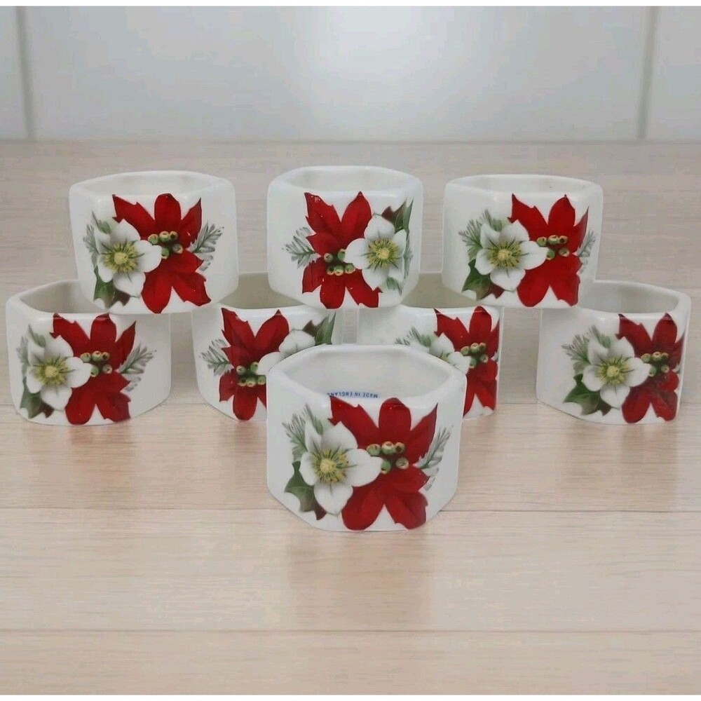 Sandford Fine Bone China Set of 8 Poinsettia Napkin Rings England EUC Christmas